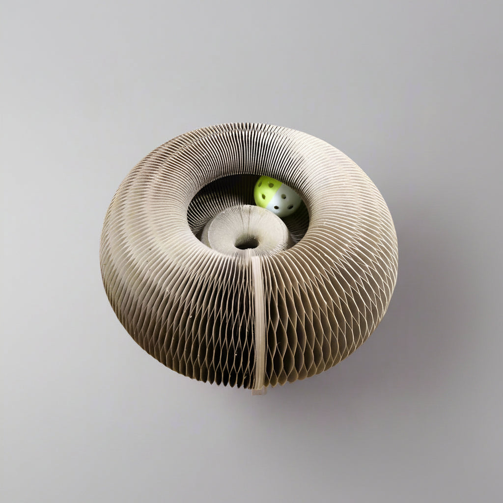 Cat paw reaching into PawCoil™ honeycomb cat scratcher ball track