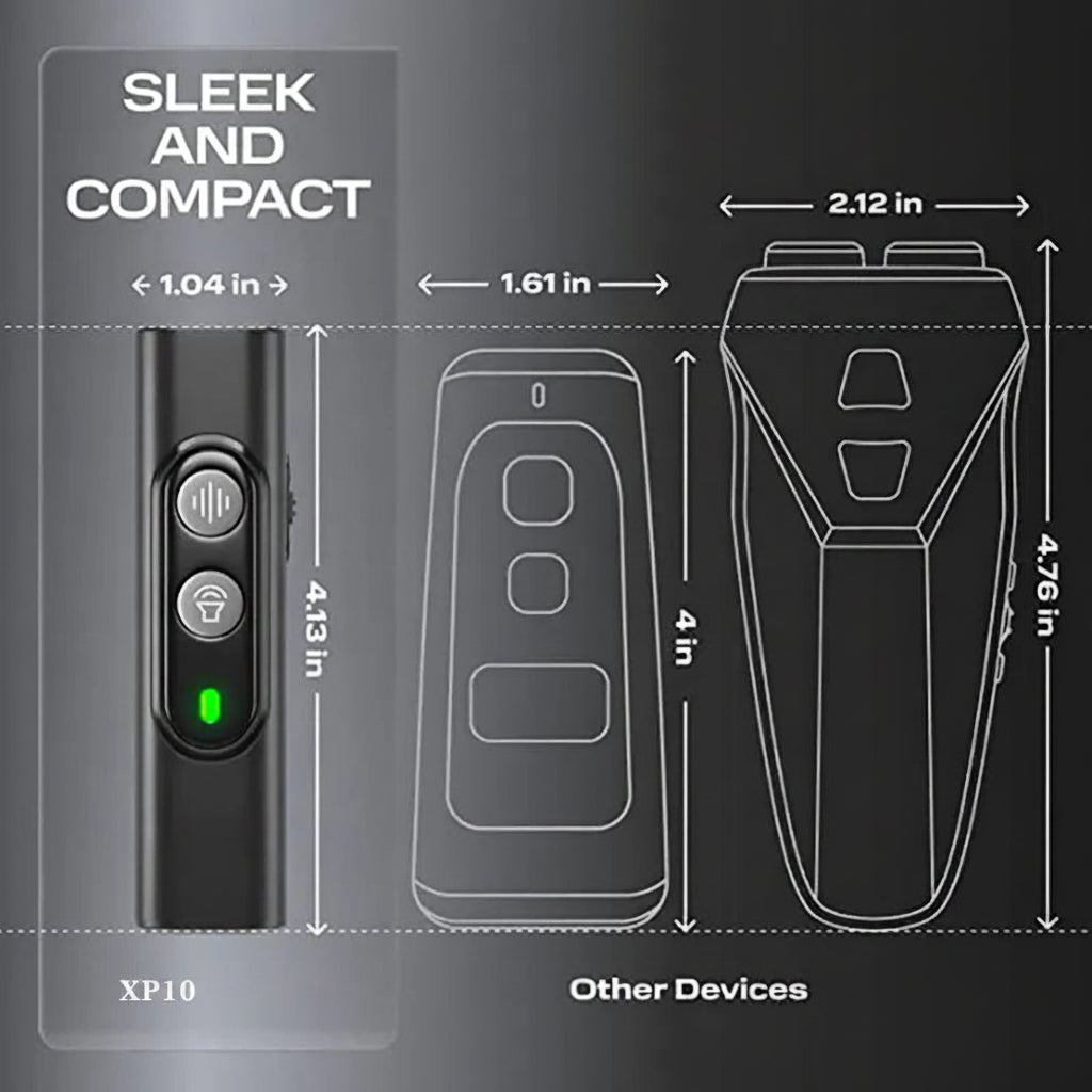 handheld ultrasonic dog bark training device with black lanyard and metal carabiner clip on neutral surface.
