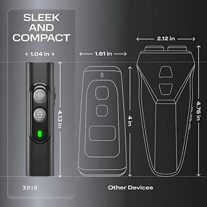 handheld ultrasonic dog bark training device with black lanyard and metal carabiner clip on neutral surface.