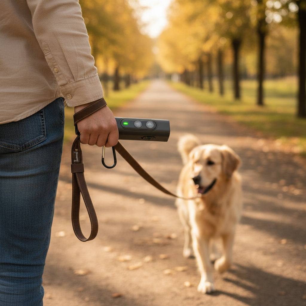 Matte black handheld ultrasonic dog bark training device with lanyard and metal carabiner on neutral surface