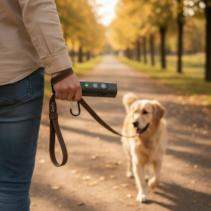 Matte black handheld ultrasonic dog bark training device with lanyard and metal carabiner on neutral surface