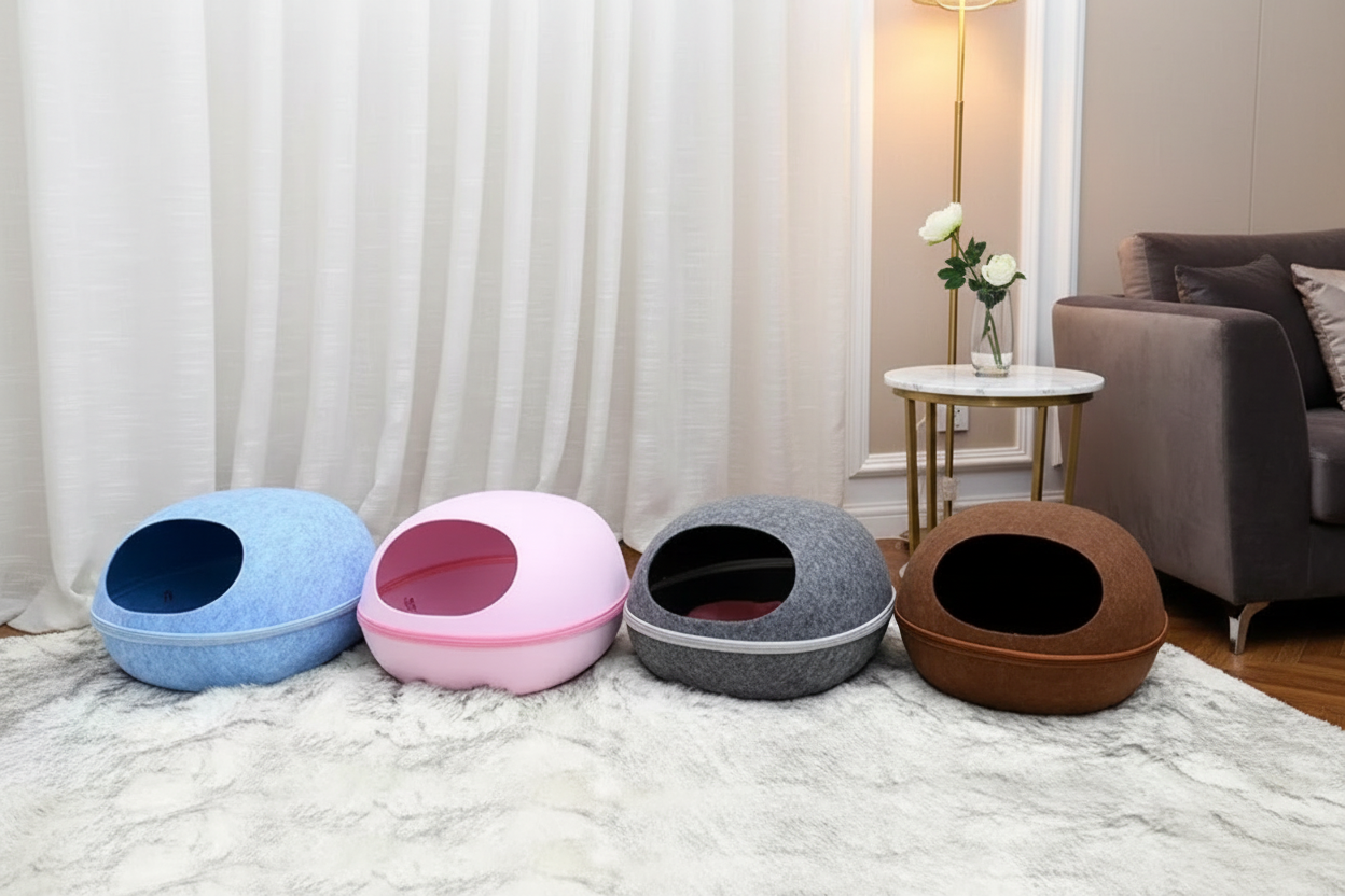 PawEgg™ felt egg cave cat beds in all four colours: blue, pink, gray, and brown, arranged in a row