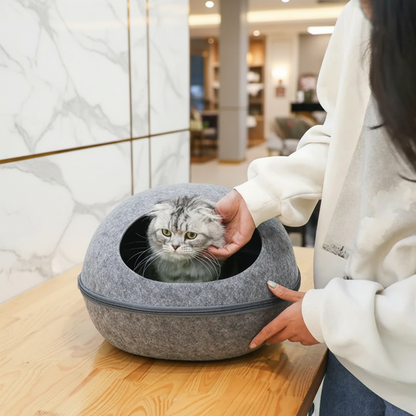 PawEgg™ felt egg-shaped cave cat bed in gray, arched front opening visible, paw-print cut-out on dome