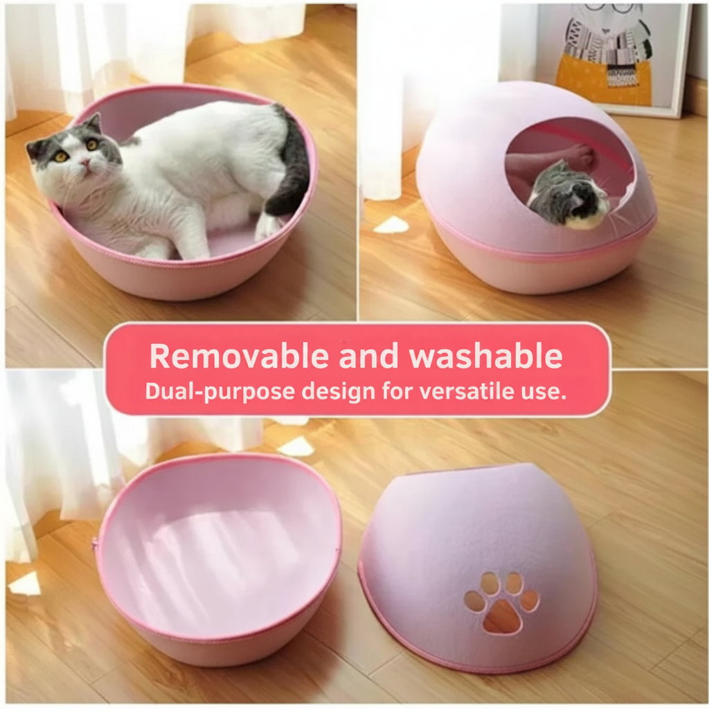 PawEgg™ egg cave cat bed split in half showing dome lid and open bowl base — pink colour variant 