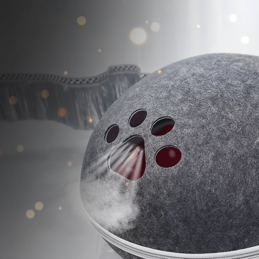 Close-up of paw-print shaped cut-out holes on the dome of PawEgg™ felt egg cave cat bed — gray variant