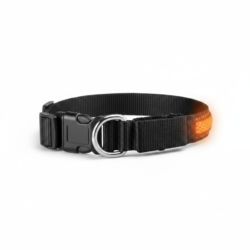 Close-up of side-release buckle, separate metal D-ring for the leash, and USB charging port on a black LED dog collar