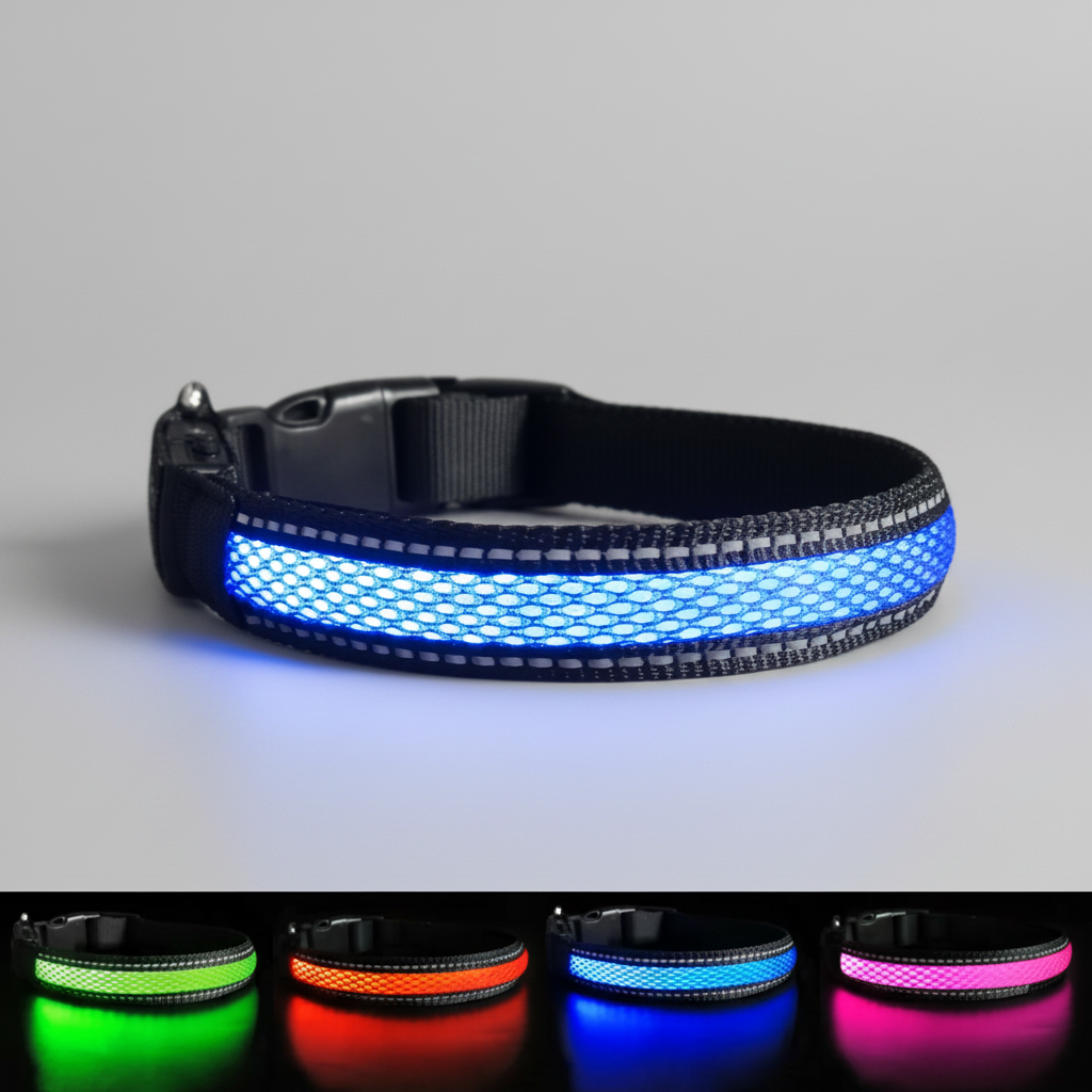 Five LED dog collars unlit in daylight showing red, green, blue, pink and orange mesh strips on black nylon webbing