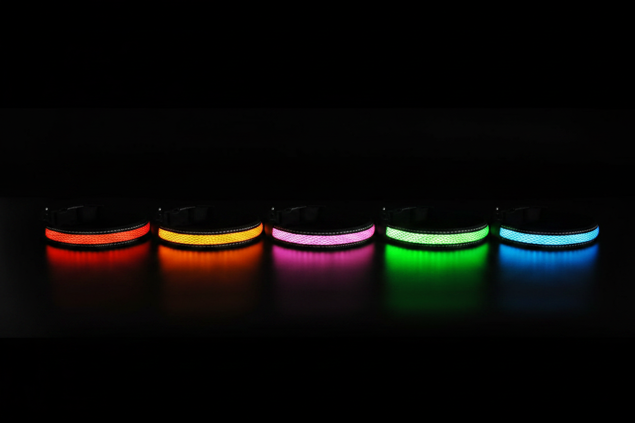 Five rechargeable LED dog collars side-by-side glowing in red, green, blue, pink and orange on a dark surface
