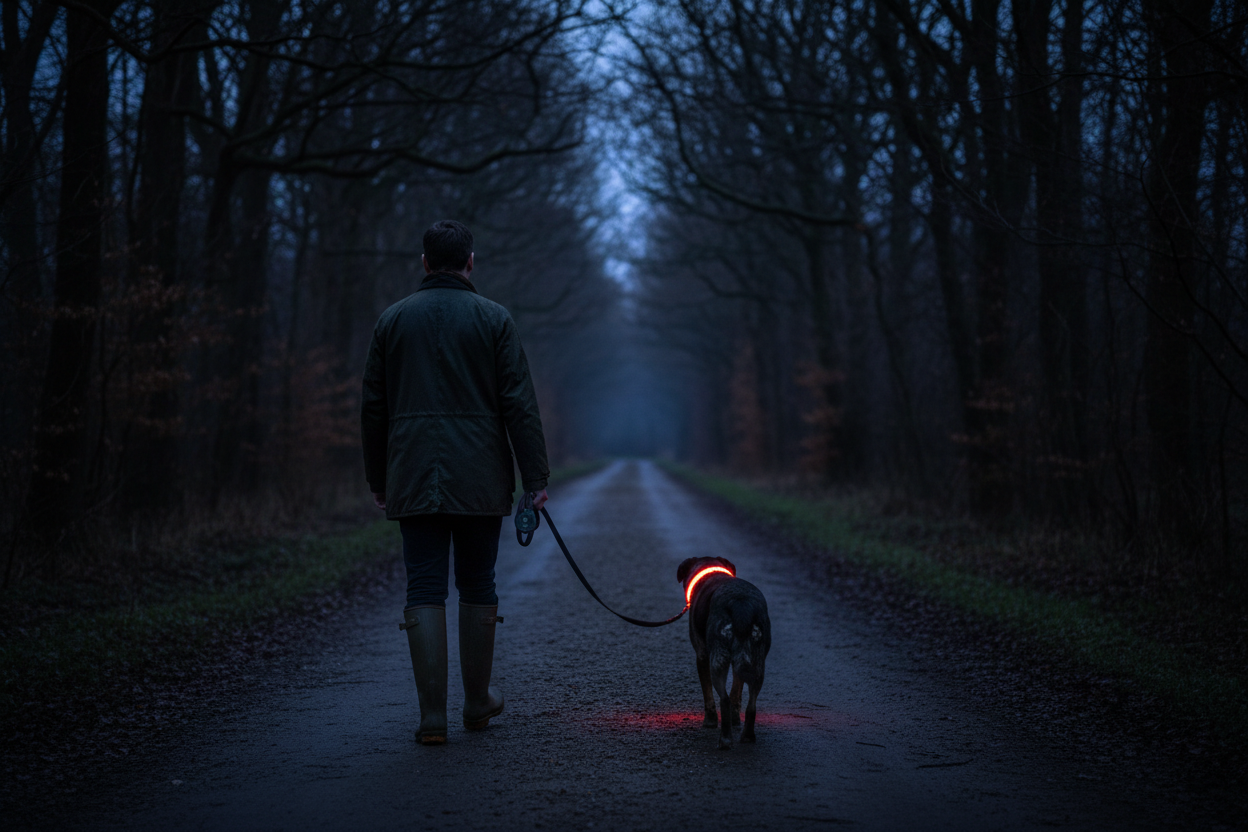 Dog walker on dark country lane with dog ahead on lead, glowing LED collar visible from behind as a dot of light.