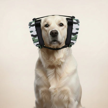 camo PawHush noise-reducing dog ear muffs with adjustable elastic strap system.