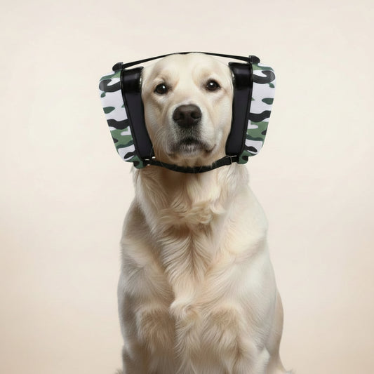 camo PawHush noise-reducing dog ear muffs with adjustable elastic strap system.