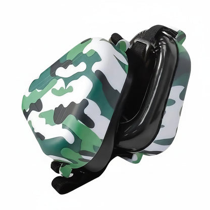 Golden retriever wearing PawHush camouflage dog ear muffs, showing the fit and adjustable strap.