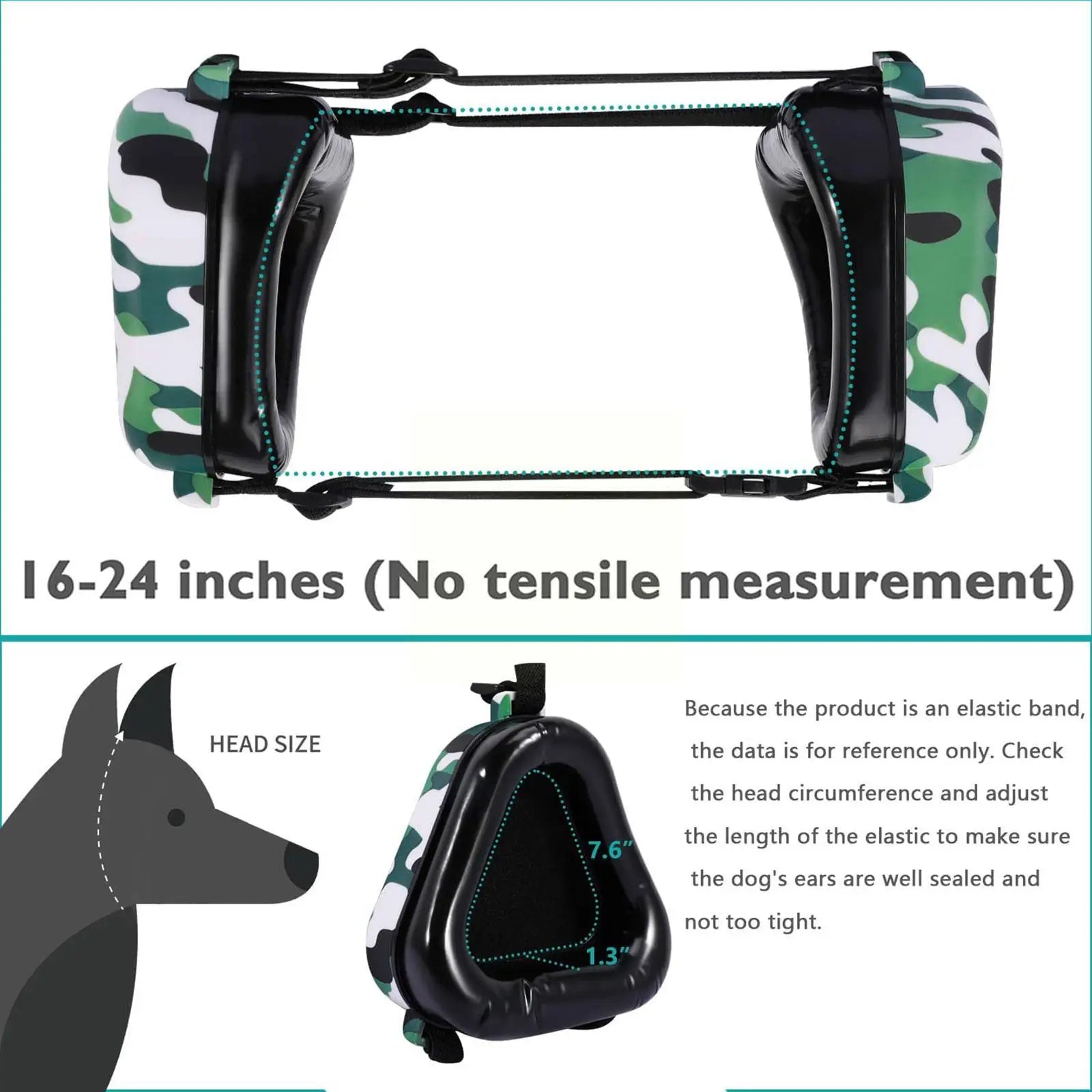 PawHush ear muffs sizing diagram showing the 16 to 24 inch head circumference range for fit.