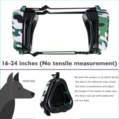 PawHush ear muffs sizing diagram showing the 16 to 24 inch head circumference range for fit.