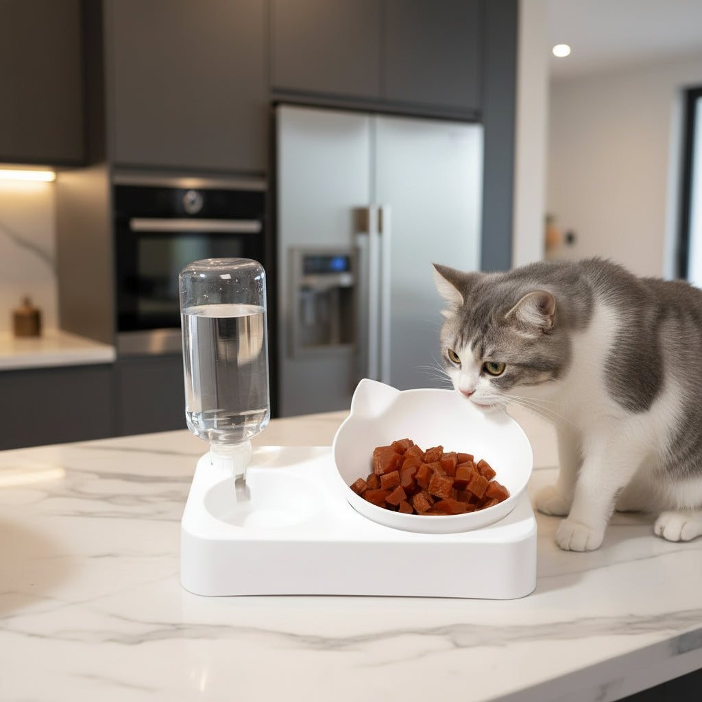 Grey and white cat beside the PawNook station, with food in the tilted bowl and water in the reservoir.