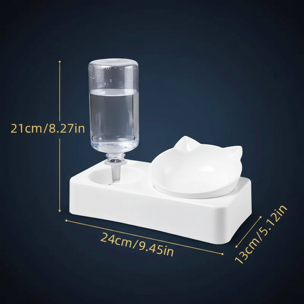Side view of the cat-shaped PawNook bowl showing the 15-degree forward tilt of the feeding dish. size chart