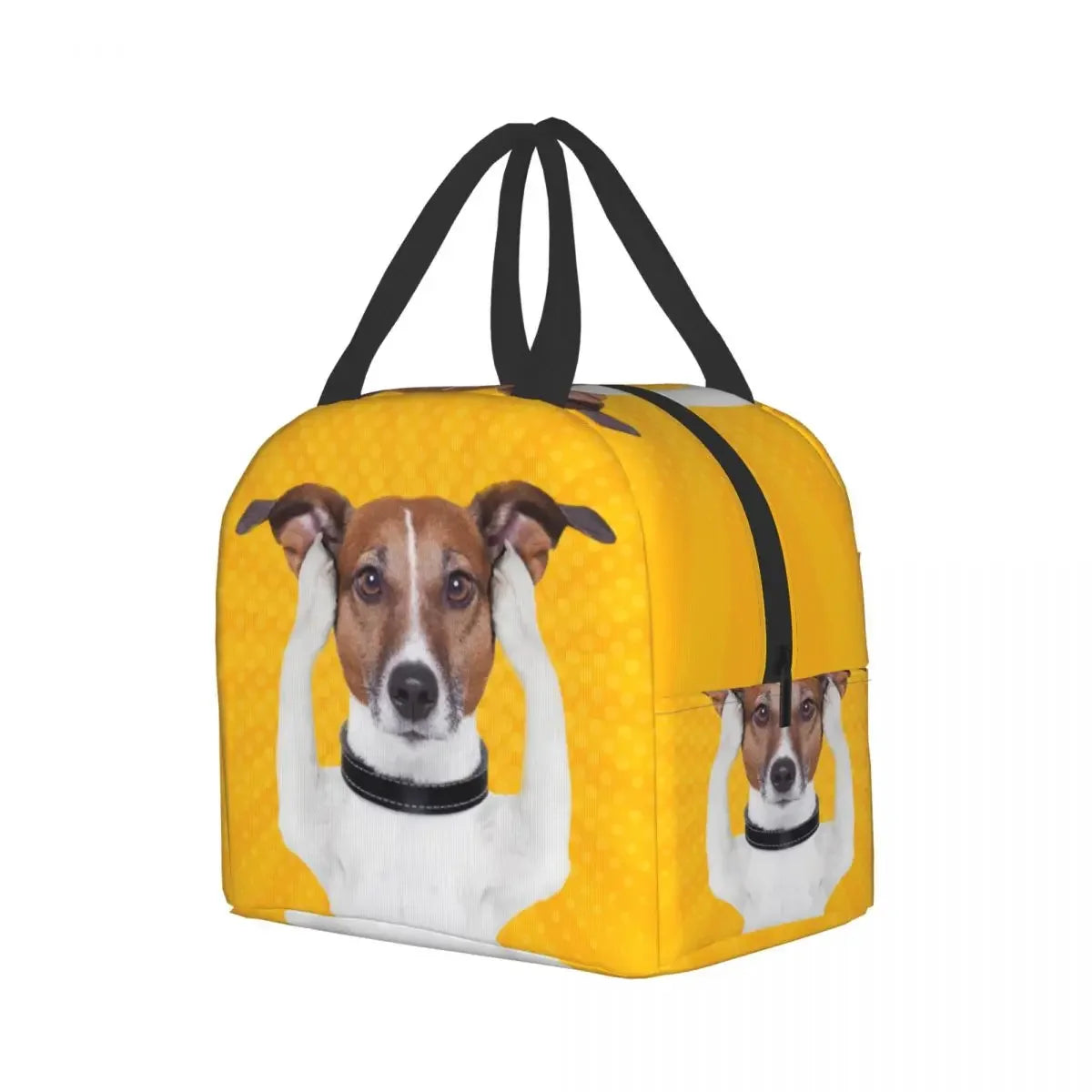 PawPack Jack Russell Terrier insulated lunch bag — open showing main compartment — SniffWaggleNWalk