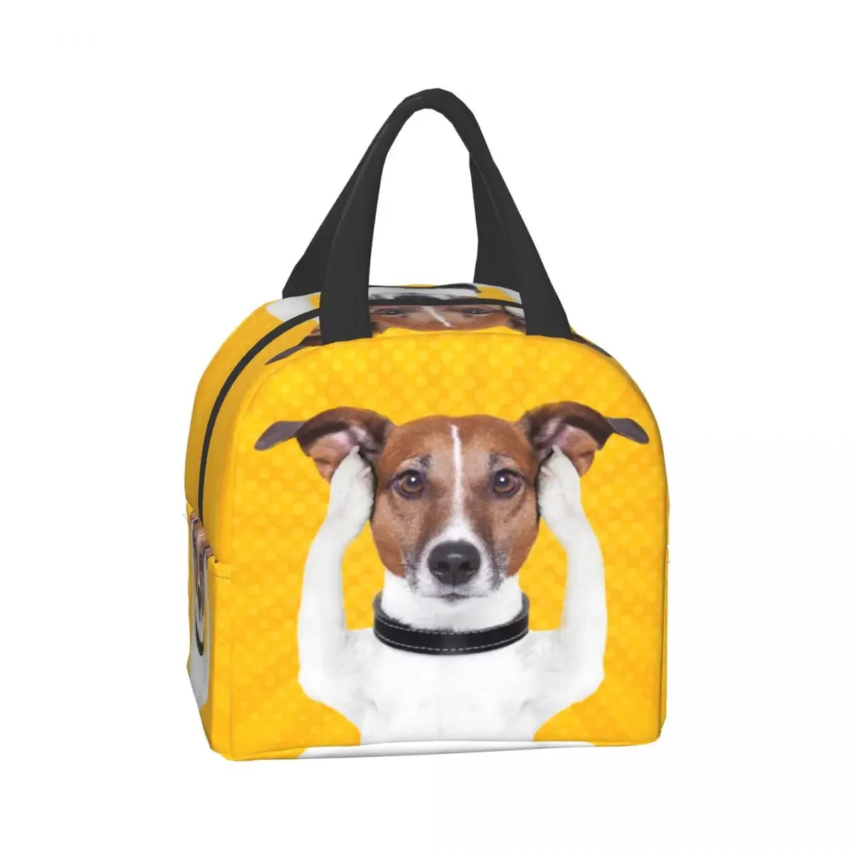 PawPack Jack Russell Terrier insulated lunch bag — side view showing carry strap — SniffWaggleNWalk