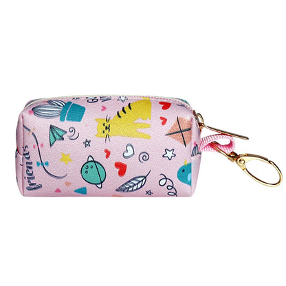 SniffWaggleNWalk PawPocket™ clip-on poop bag holder in Cartoon Friends design — white canvas with birds, kites and WOOF print, gold metal carabiner clip