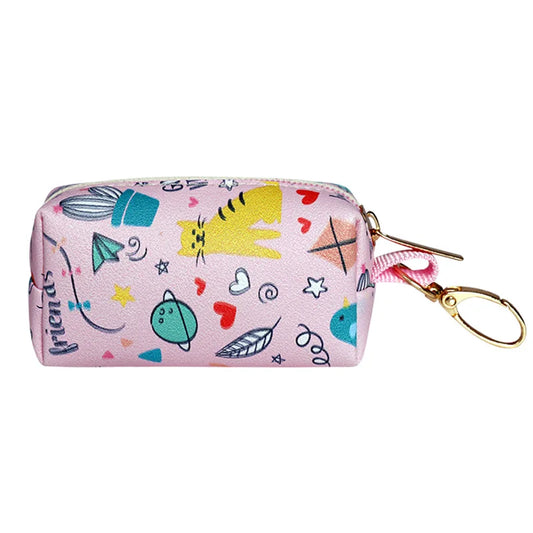 SniffWaggleNWalk PawPocket™ clip-on poop bag holder in Cartoon Friends design — white canvas with birds, kites and WOOF print, gold metal carabiner clip