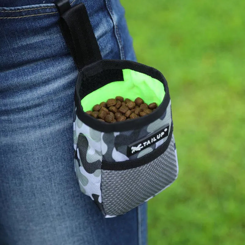 PawPocket training treat pouch clipped to a belt with wide-access opening
