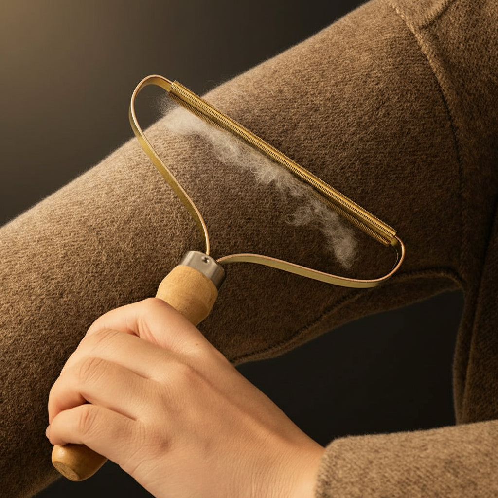 Wooden-handle fabric pet hair shaver with brass-coloured metal coil head, on a neutral pale-grey background, soft daylight.