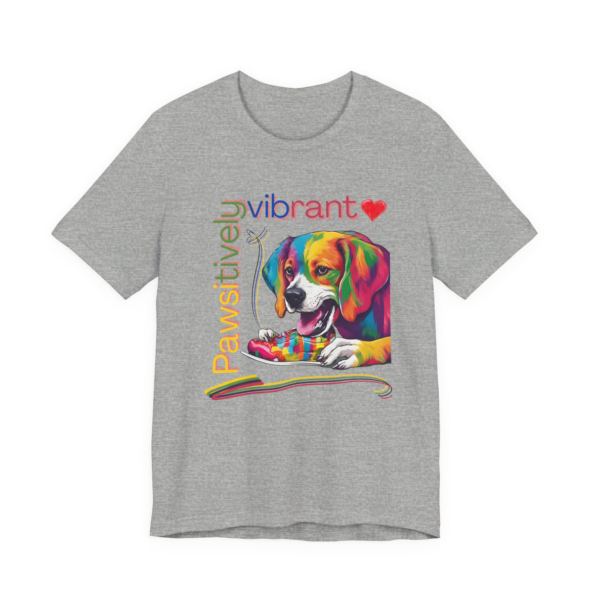 Pawsitively Vibrant T-Shirt in Athletic Heather grey — pop-art beagle design