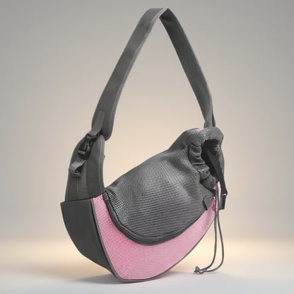 Pink hands-free pet sling carrier with breathable mesh and padded shoulder strap for cats and small dogs under 10 lb.