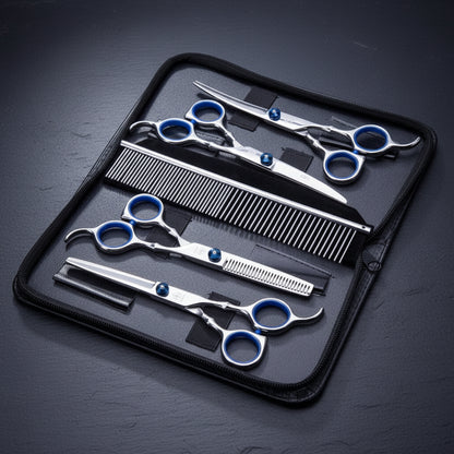 Open black zip case showing 5-piece pet grooming scissor set — curved, straight, thinning shears, steel comb.