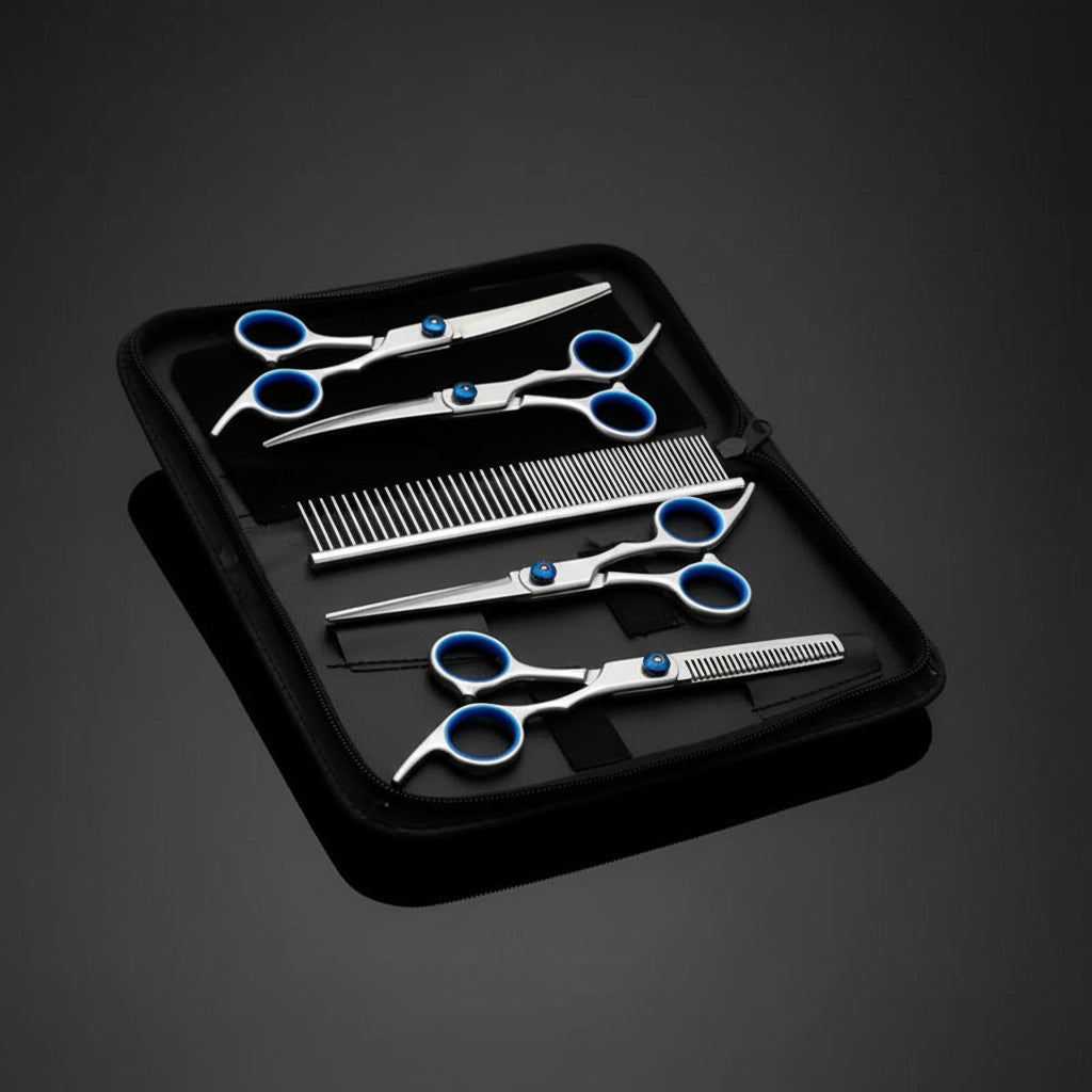 Alt text: Pet grooming scissor set being used on four dogs — face trimming, leg shaping, paw tidying, and combing.