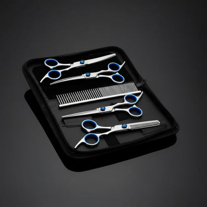 Alt text: Pet grooming scissor set being used on four dogs — face trimming, leg shaping, paw tidying, and combing.