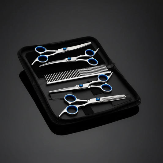Alt text: Pet grooming scissor set being used on four dogs — face trimming, leg shaping, paw tidying, and combing.