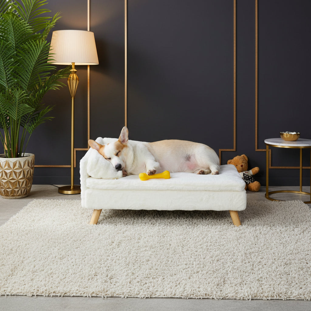 PawSofa elevated minimalist pet sofa bed in cream plush with rubber wood legs