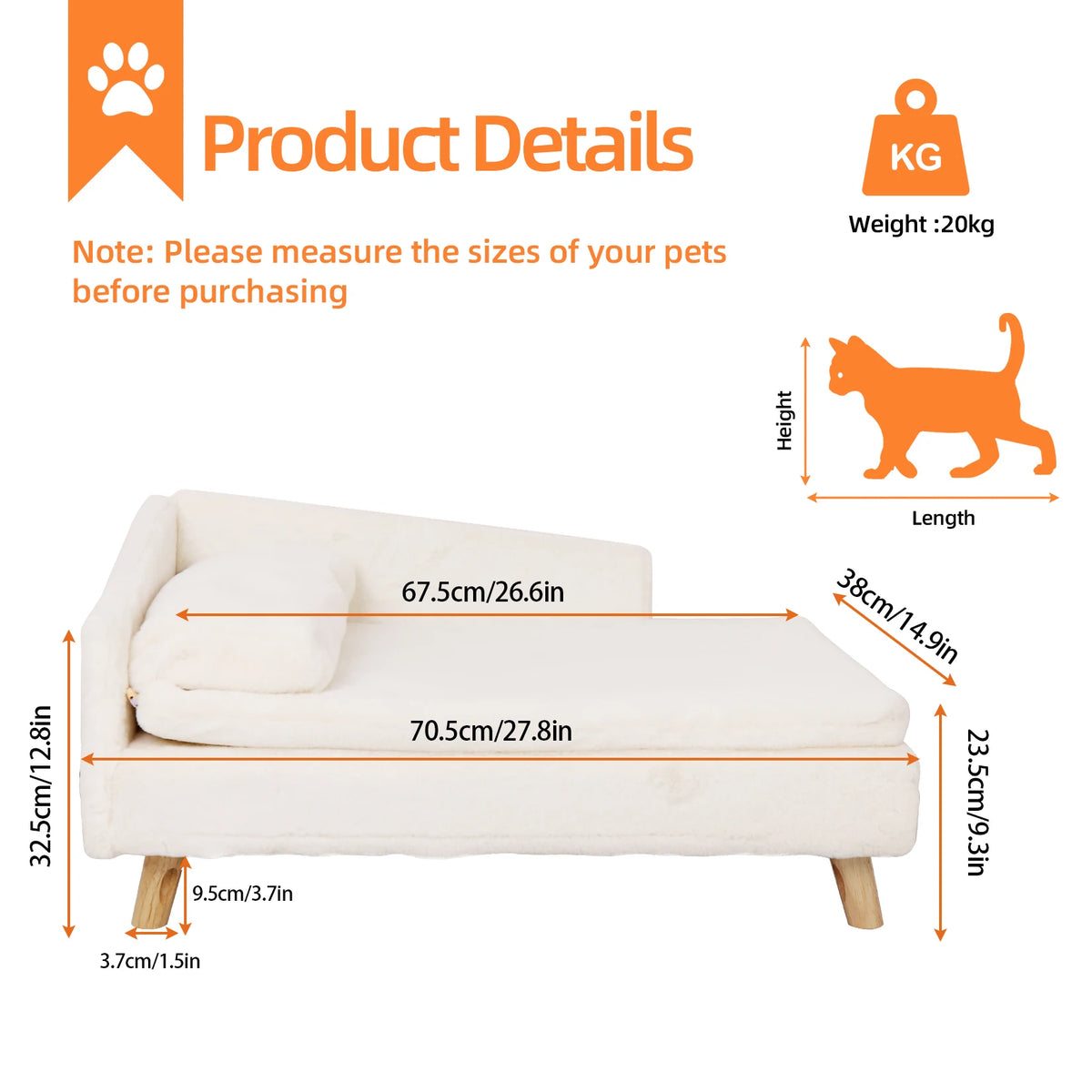 PawSofa small size dimensions — 70.5cm length, 32.5cm height, 9.5cm leg height