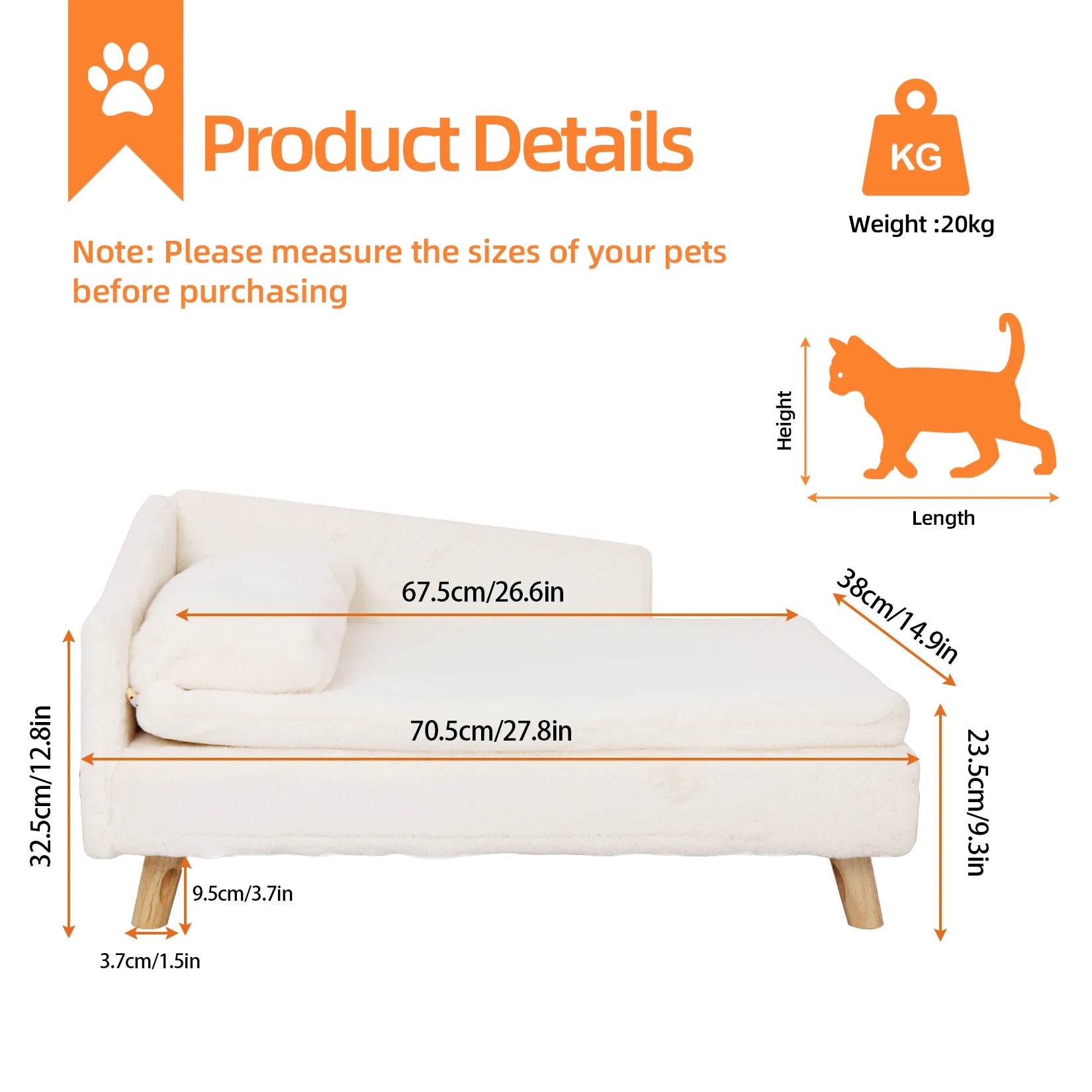 PawSofa small size dimensions — 70.5cm length, 32.5cm height, 9.5cm leg height