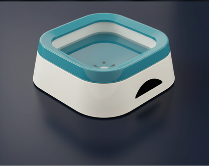 Slate blue anti-spill dog water bowl with floating disc fitted, top-down angle on neutral worktop.
