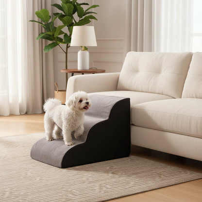 PawStep memory foam pet stairs in grey and black two-tone fabric, three-step size on a plain white background.