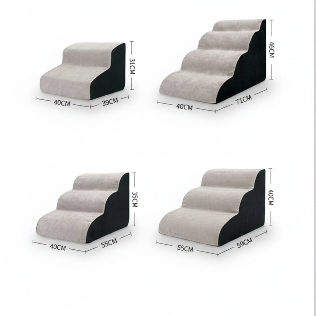 All four PawStep sizes lined up left to right: 2-step, 3-step short, 3-step tall, 4-step, ascending in height. 