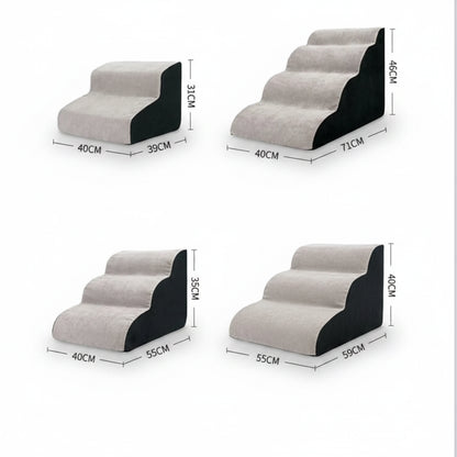 All four PawStep sizes lined up left to right: 2-step, 3-step short, 3-step tall, 4-step, ascending in height. 