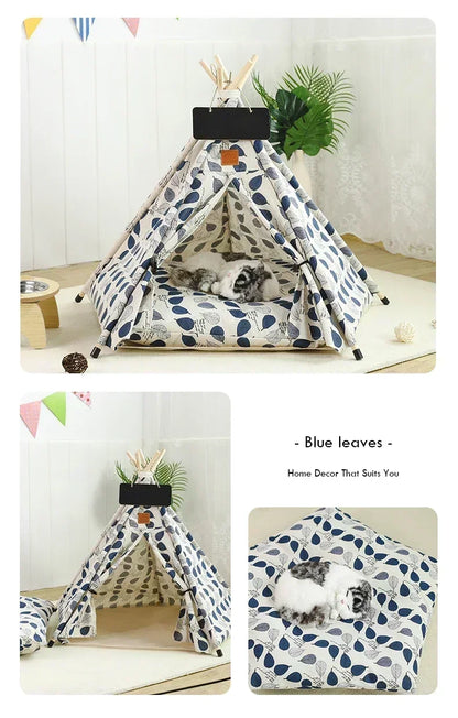 PawTee™ wooden frame pet teepee in blue botanical leaf print canvas — cat hideaway tent for cats and small dogs
