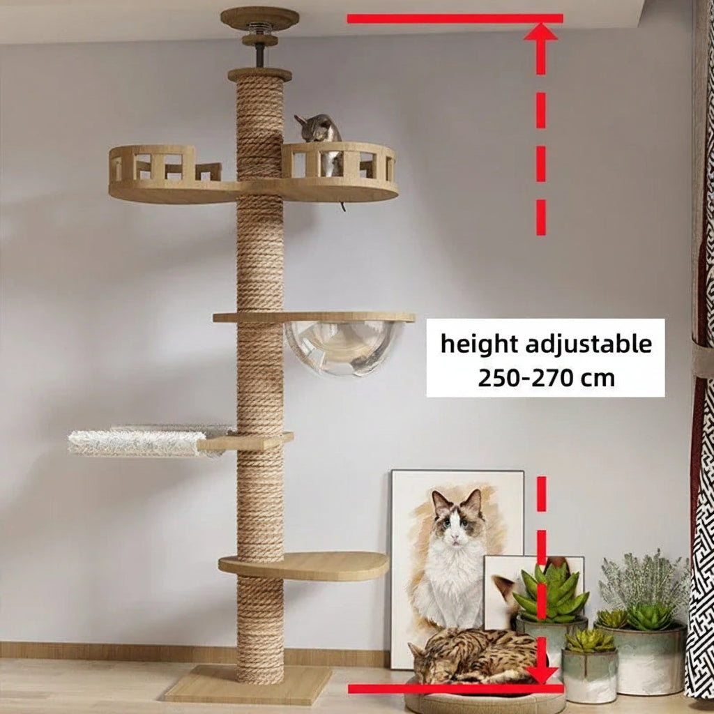 PawTower spring-tension ceiling mounting plate — no drilling required