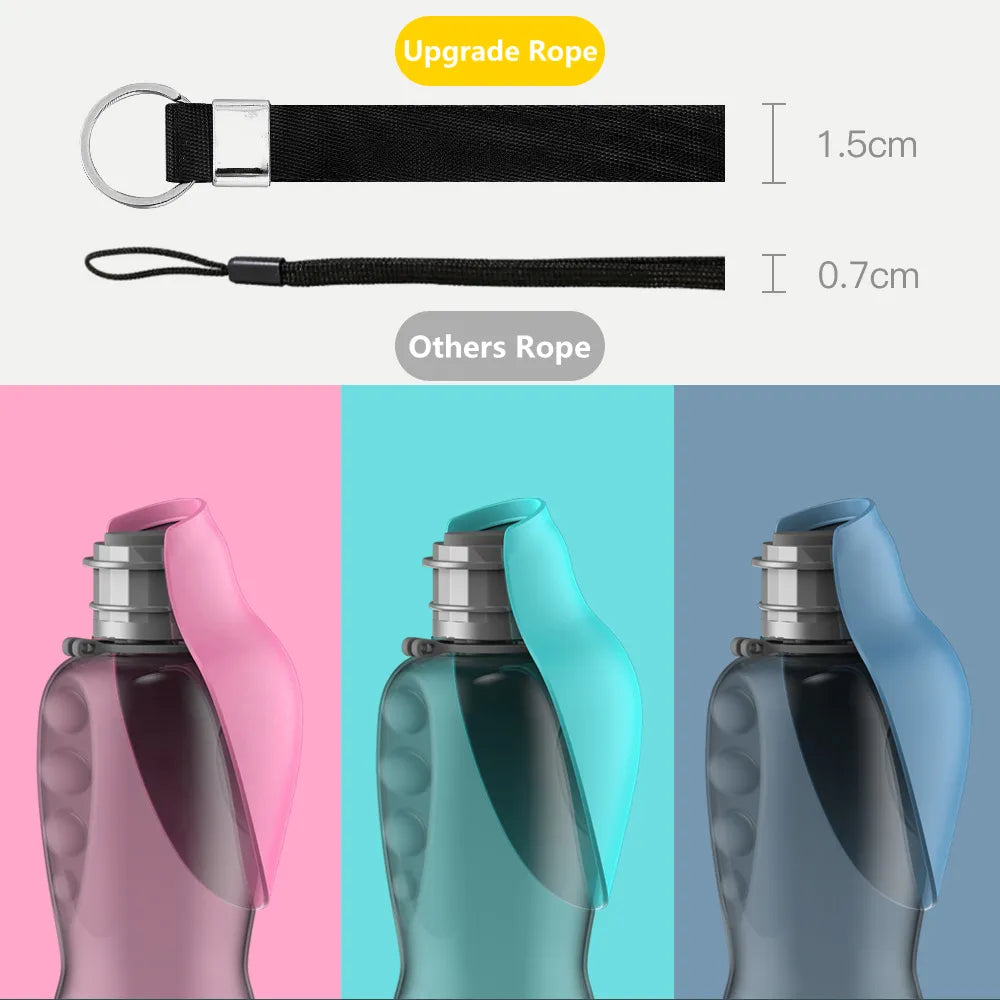 Side-by-side comparison of a wider 1.5cm woven carabiner strap and a typical 0.7cm cord on dog water bottles.