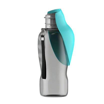 Teal 800ml dog travel water bottle with integrated flip-out bowl, smoke-grey body and 1.5cm carabiner strap.