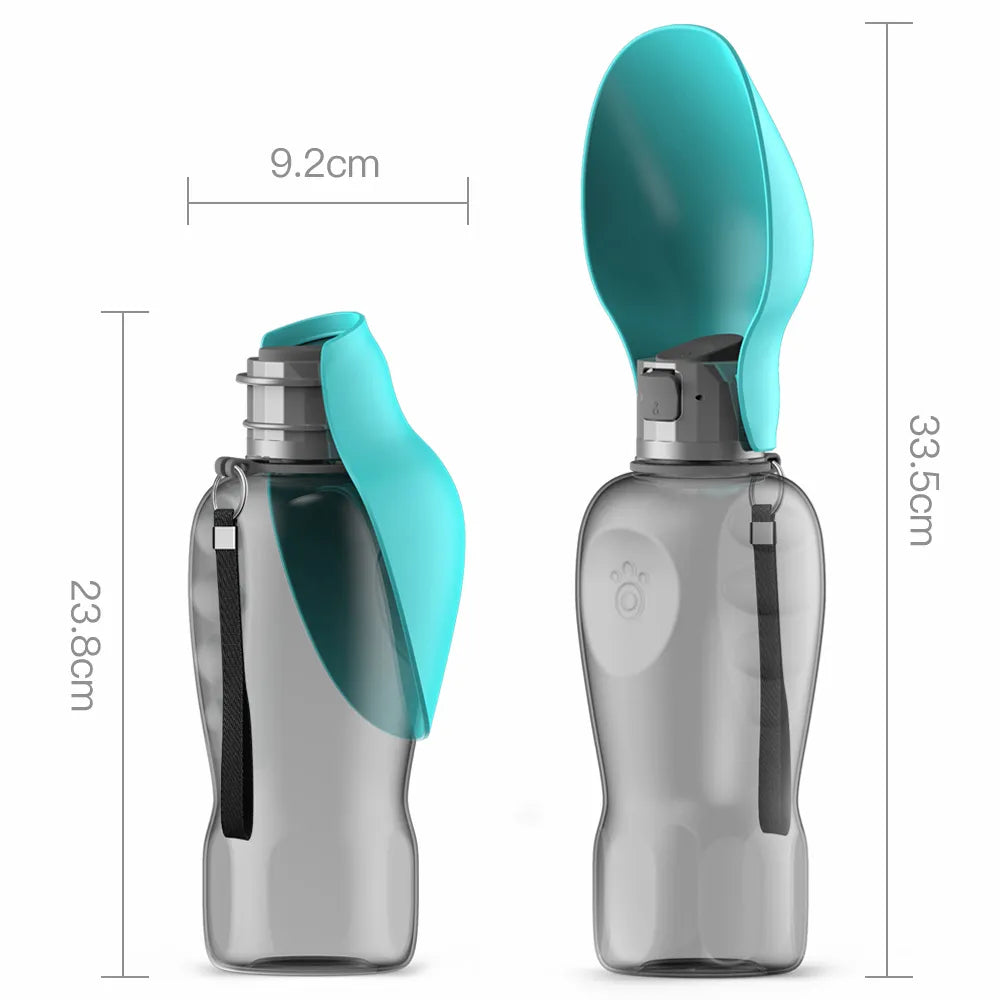 Dimension chart for 800ml dog travel water bottle: 23.8cm tall closed, 33.5cm open, 9.2cm wide.