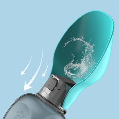 Close-up of the flip-out drinking bowl on a dog water bottle, showing 9.5cm width and the water-flow path