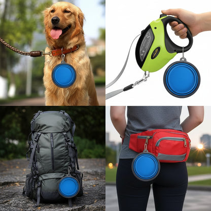 PawTrek travel bowl clipped by carabiner to a dog lead, shown ready to use on a walk. 