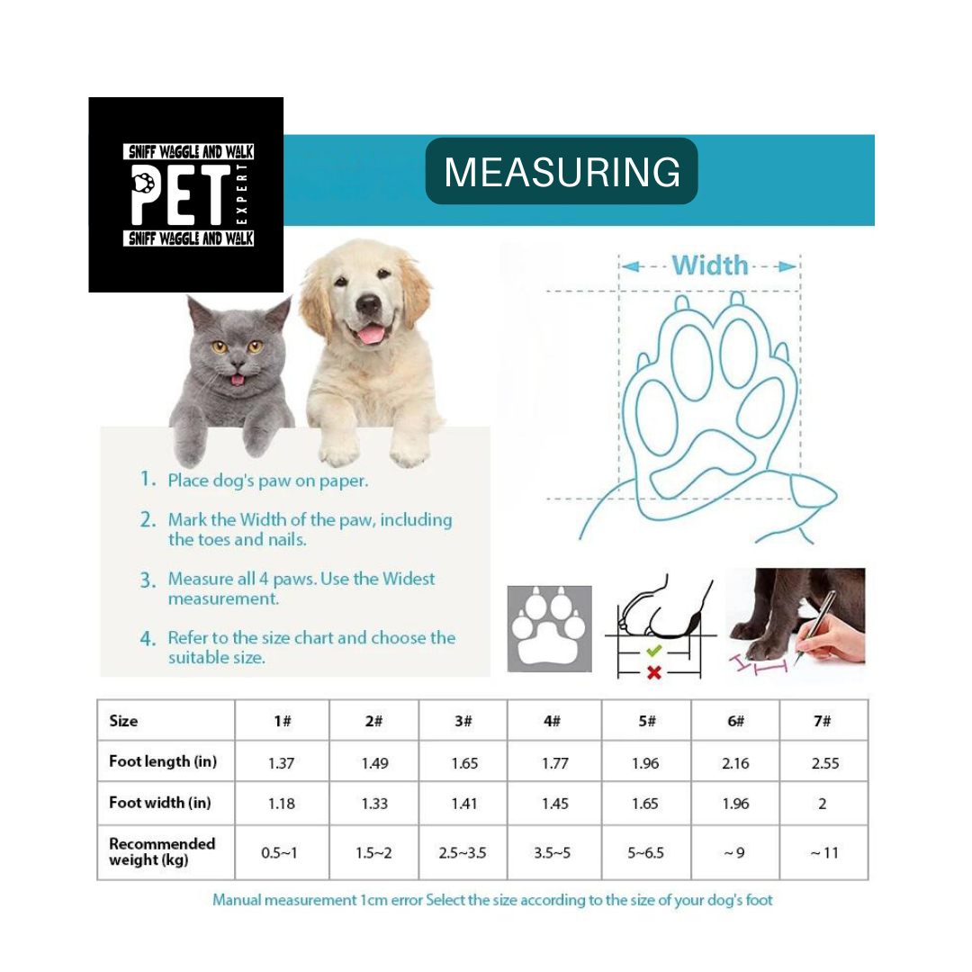Size chart for PawTrek waterproof dog shoes XS to XXXL
