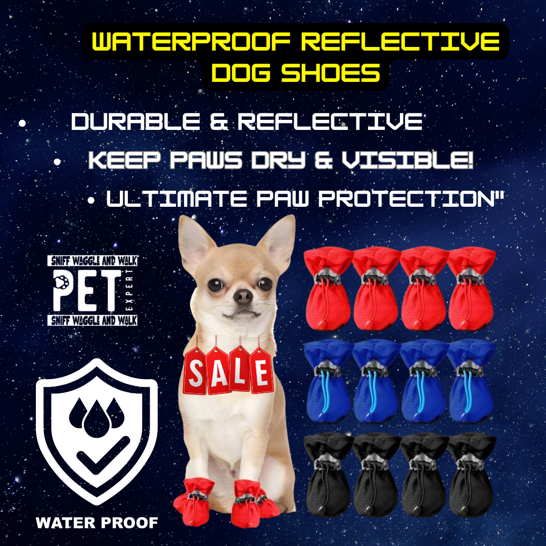 Reflective waterproof dog shoes by SniffWaggleNWalk PawTrek in red, black and blue