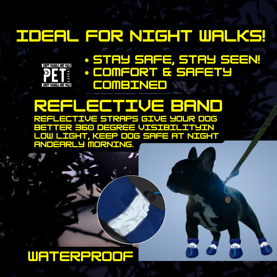 Close-up of PawTrek waterproof dog shoe showing non-slip sole and reflective trim