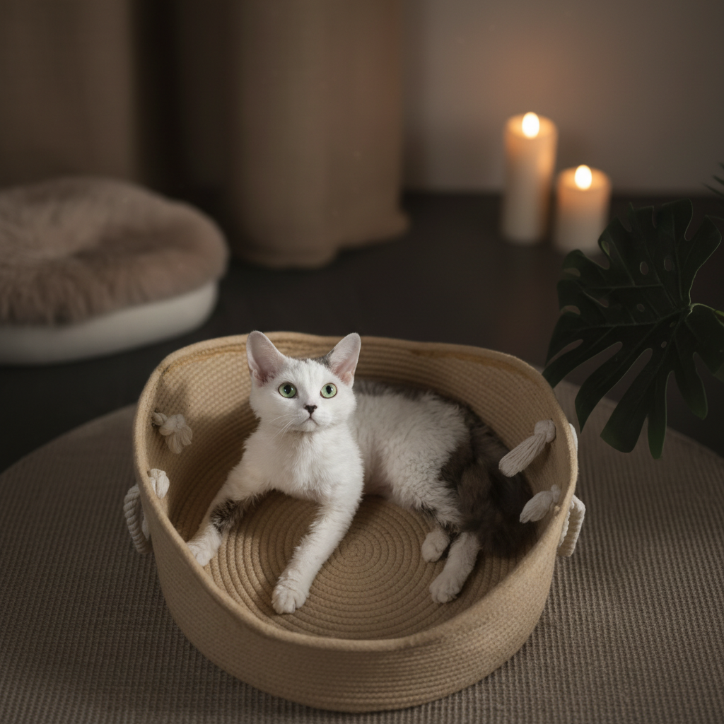 PawWeave™ woven cotton rope cat basket bed in a minimalist living room setting with plants